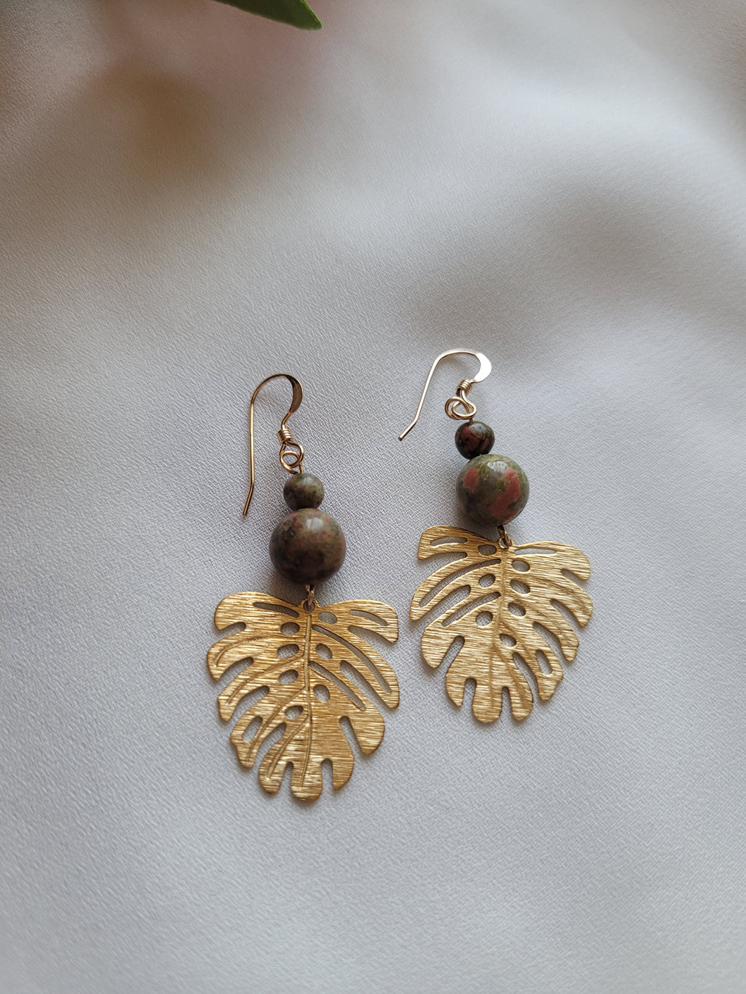 Tropical Monstera leaf & Unakite Earrings